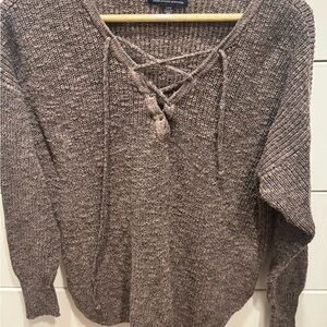 American Eagle Women's Lace-Up Knit Sweater Brown Cotton Acrylic Fishermancore